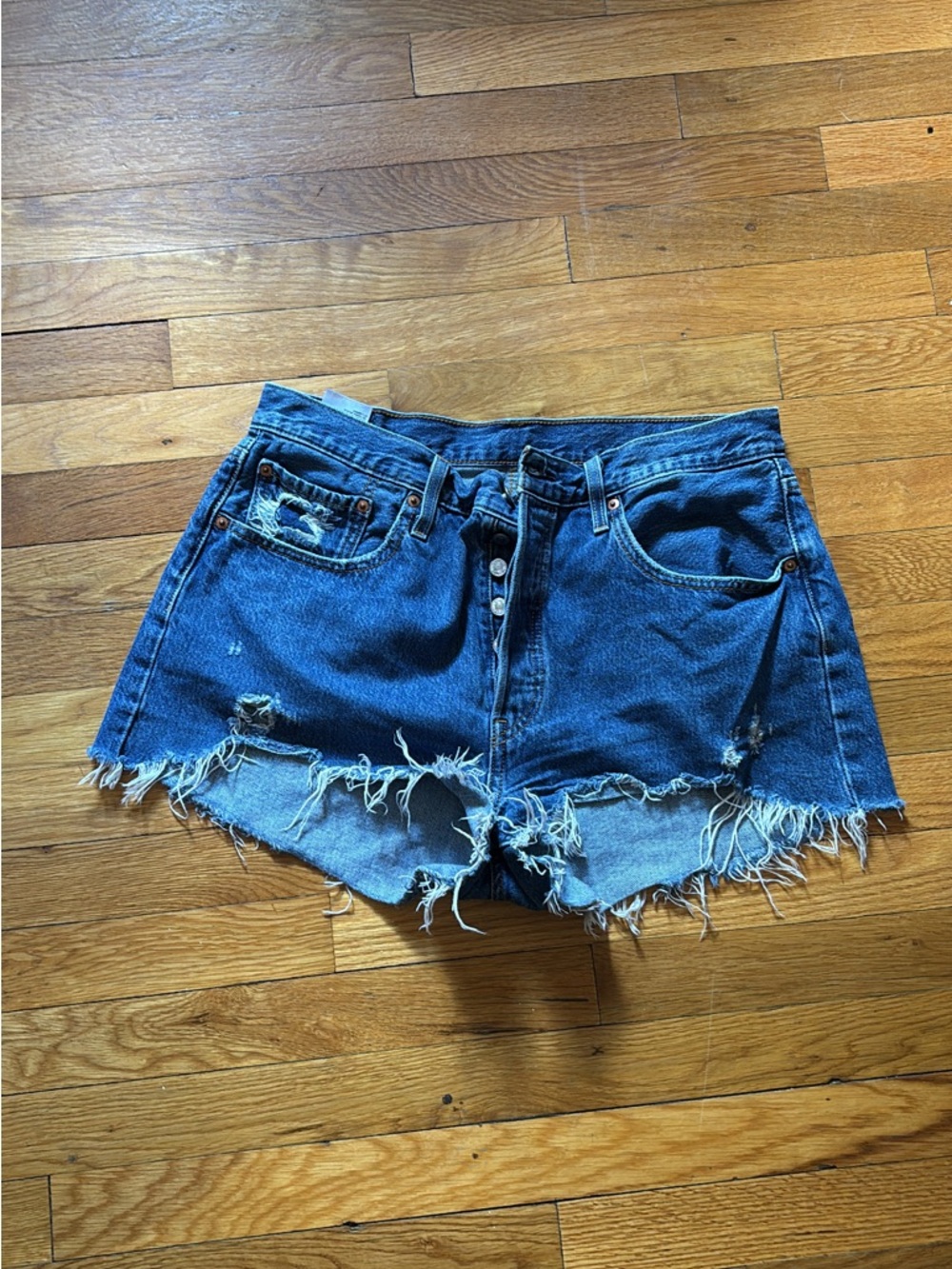 Levi's Distressed 501 Shorts, Dark Blue Raw Hem Jean Shorts, Size 32